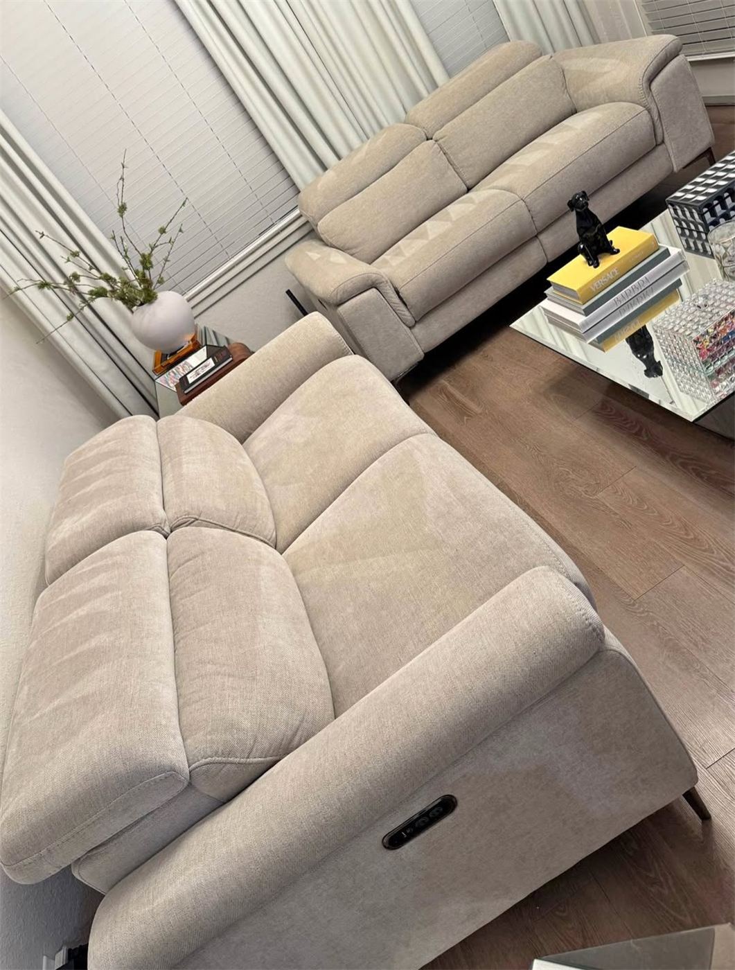 Beige reclining sectional after cleaning