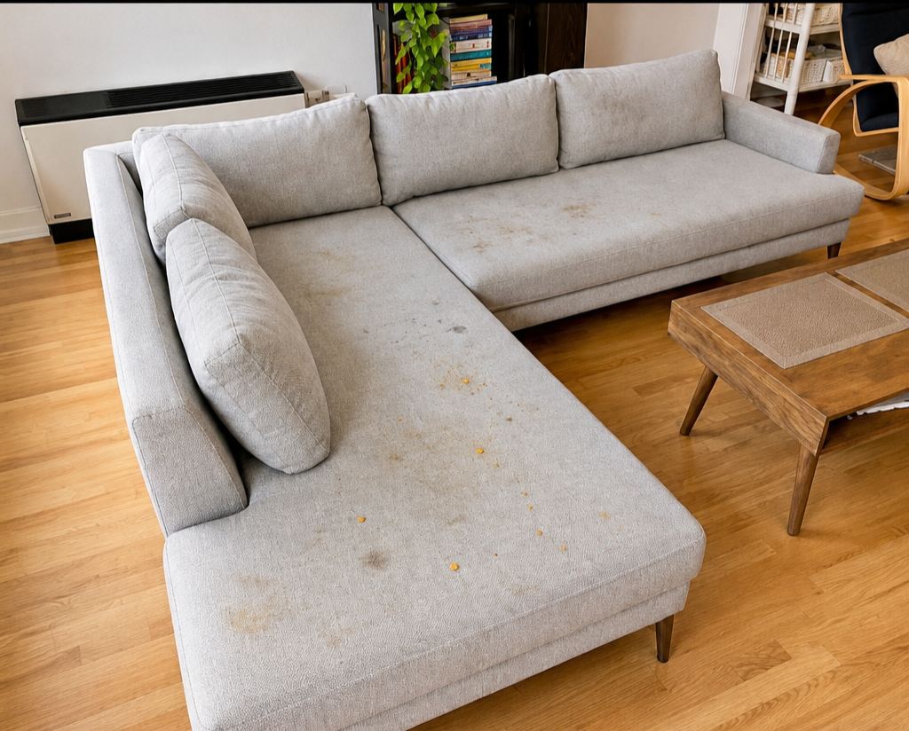 Grey corner sectional before cleaning