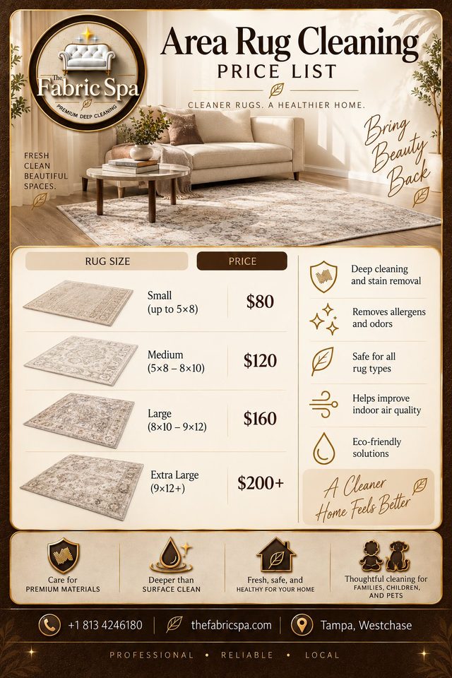Area rug cleaning price list: small $80, medium $120, large $160, extra large $200 and up