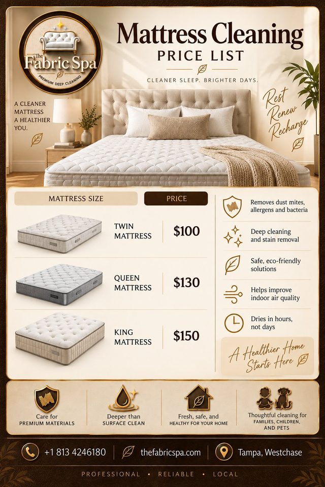 Mattress cleaning price list: twin $100, queen $130, king $150