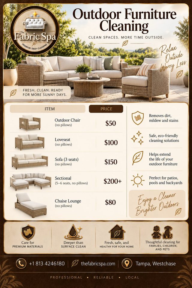 Outdoor furniture cleaning price list: outdoor chair $50, loveseat $100, sofa $150, sectional $200 and up, chaise lounge $80